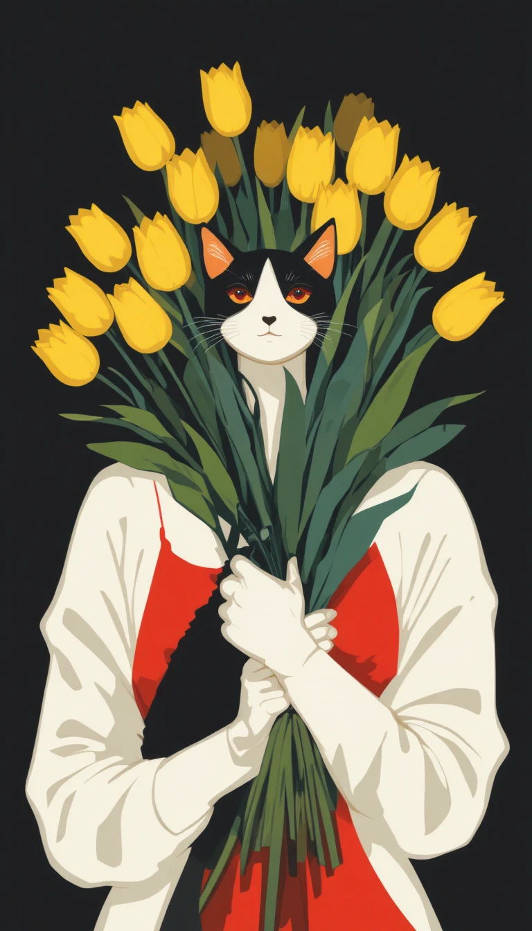 Cat woman holding a large bouquet of yellow tulips poster