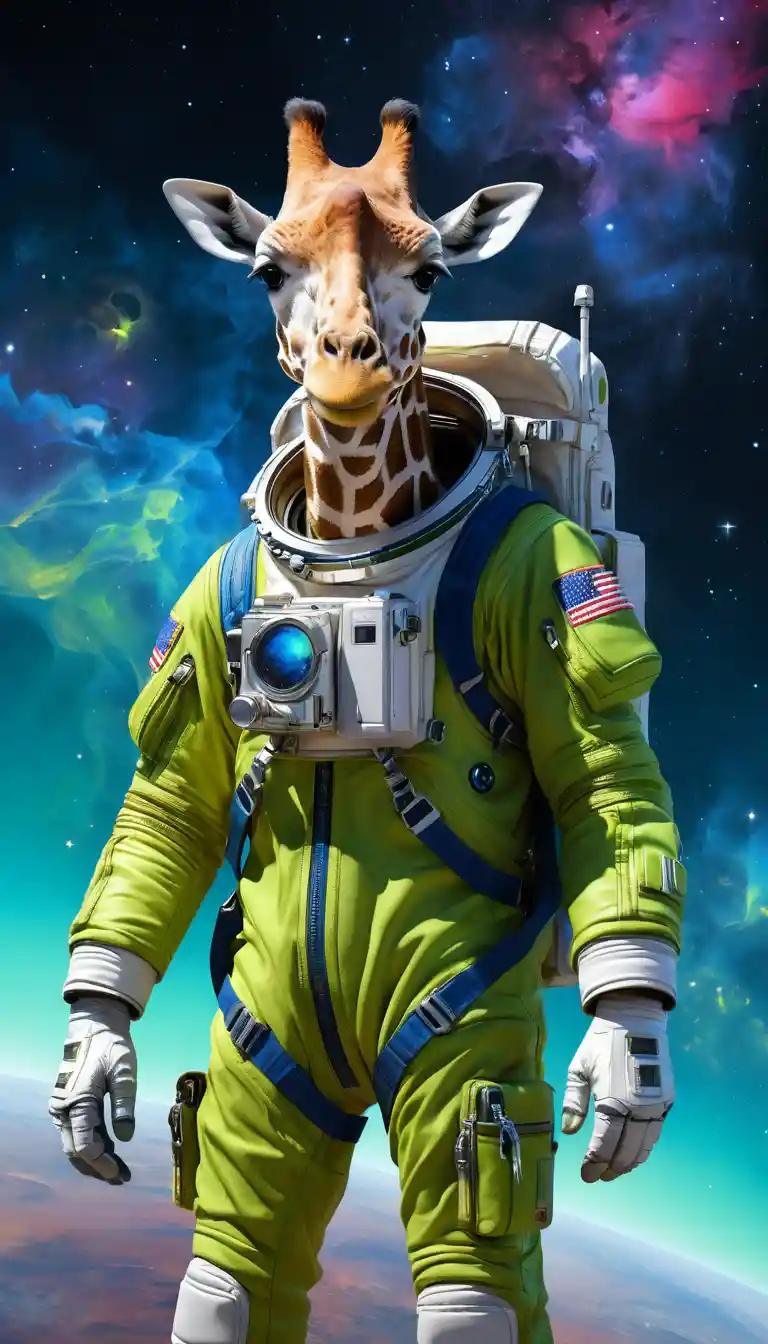 Giraffe astronaut holding a blue visor on the moon