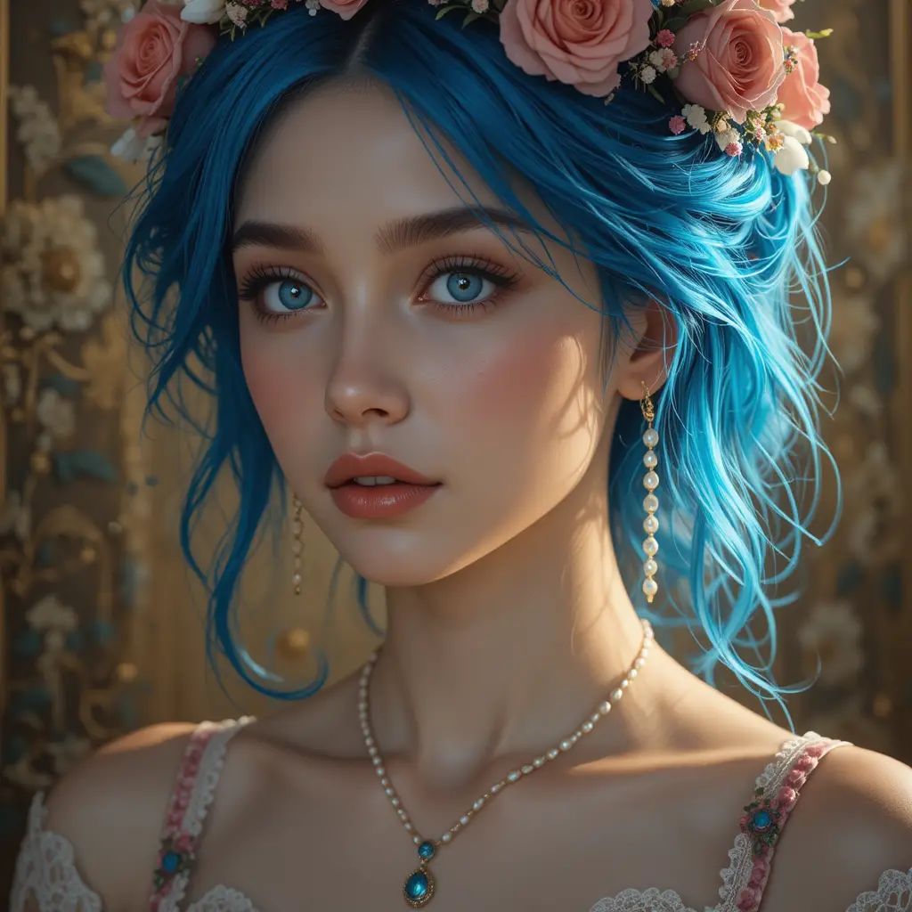 Blue haired girl with rose crown in soft golden light