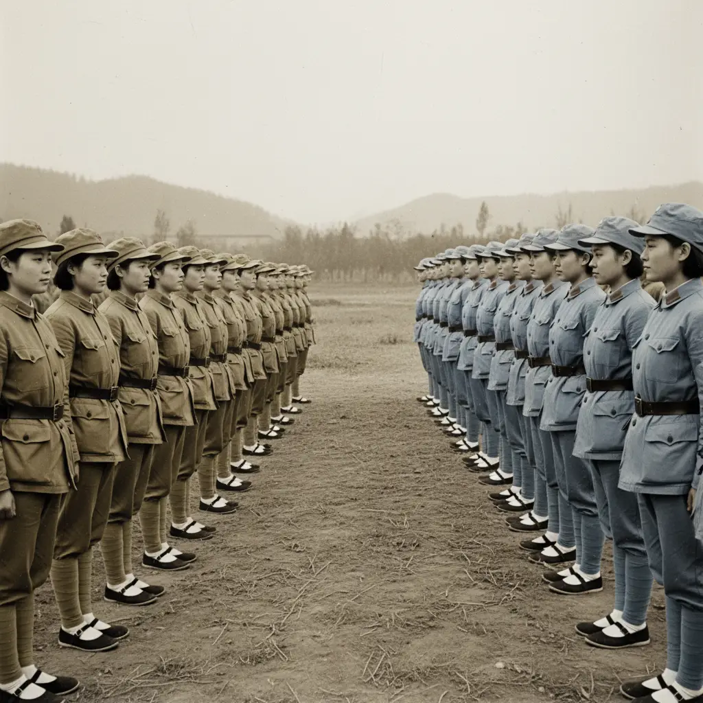 Soldatesse cinesi faccia a faccia in ranghi di guerra