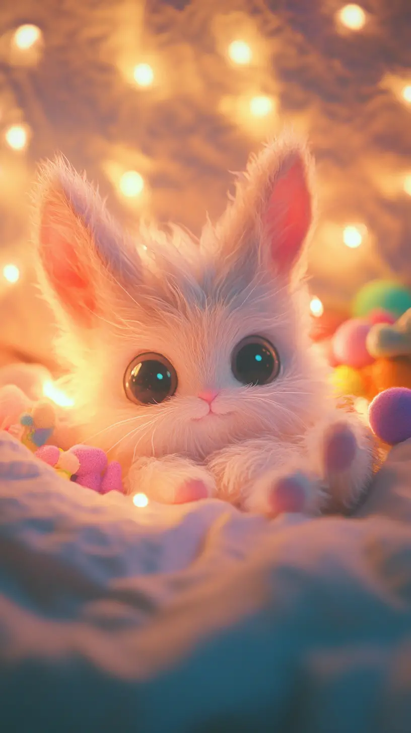 Adorable pastel creature curled up among soft toys