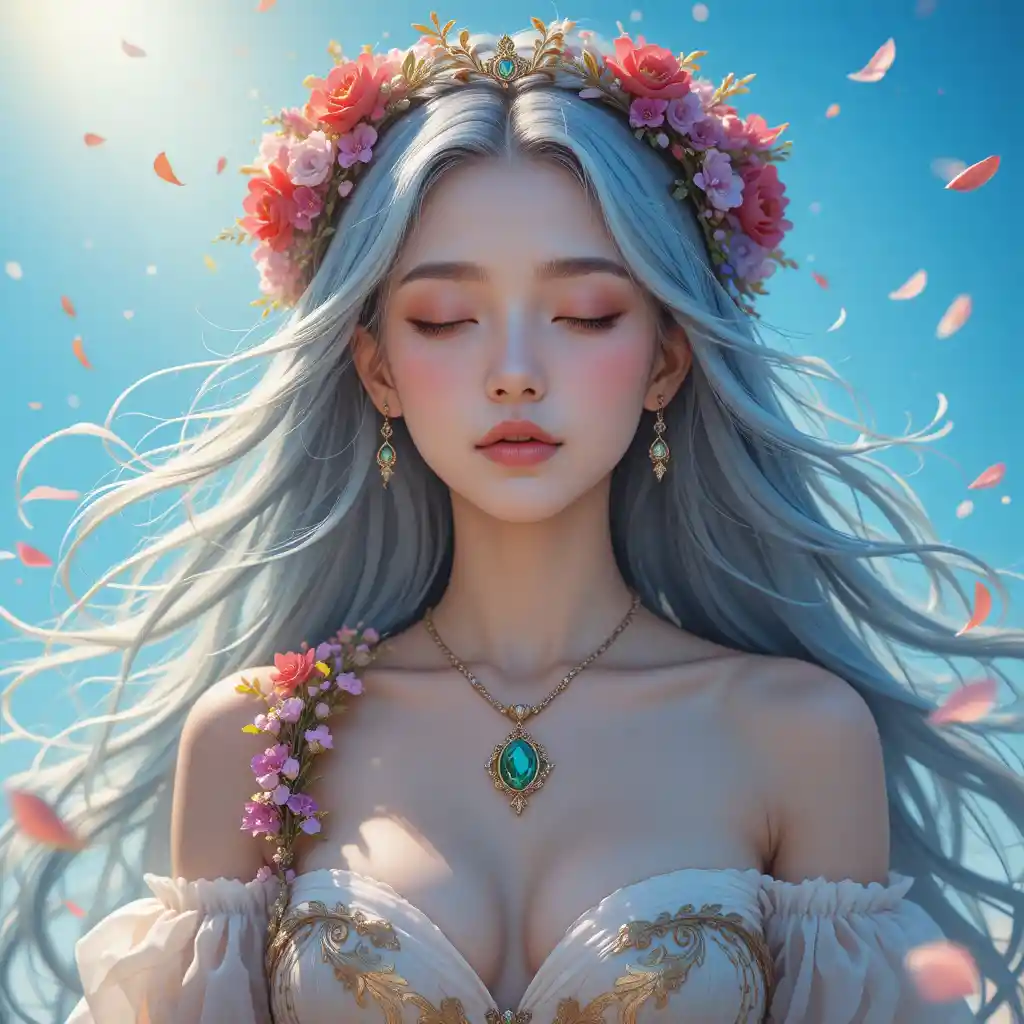 Silver haired fantasy girl crowned with flowers in sunlight
