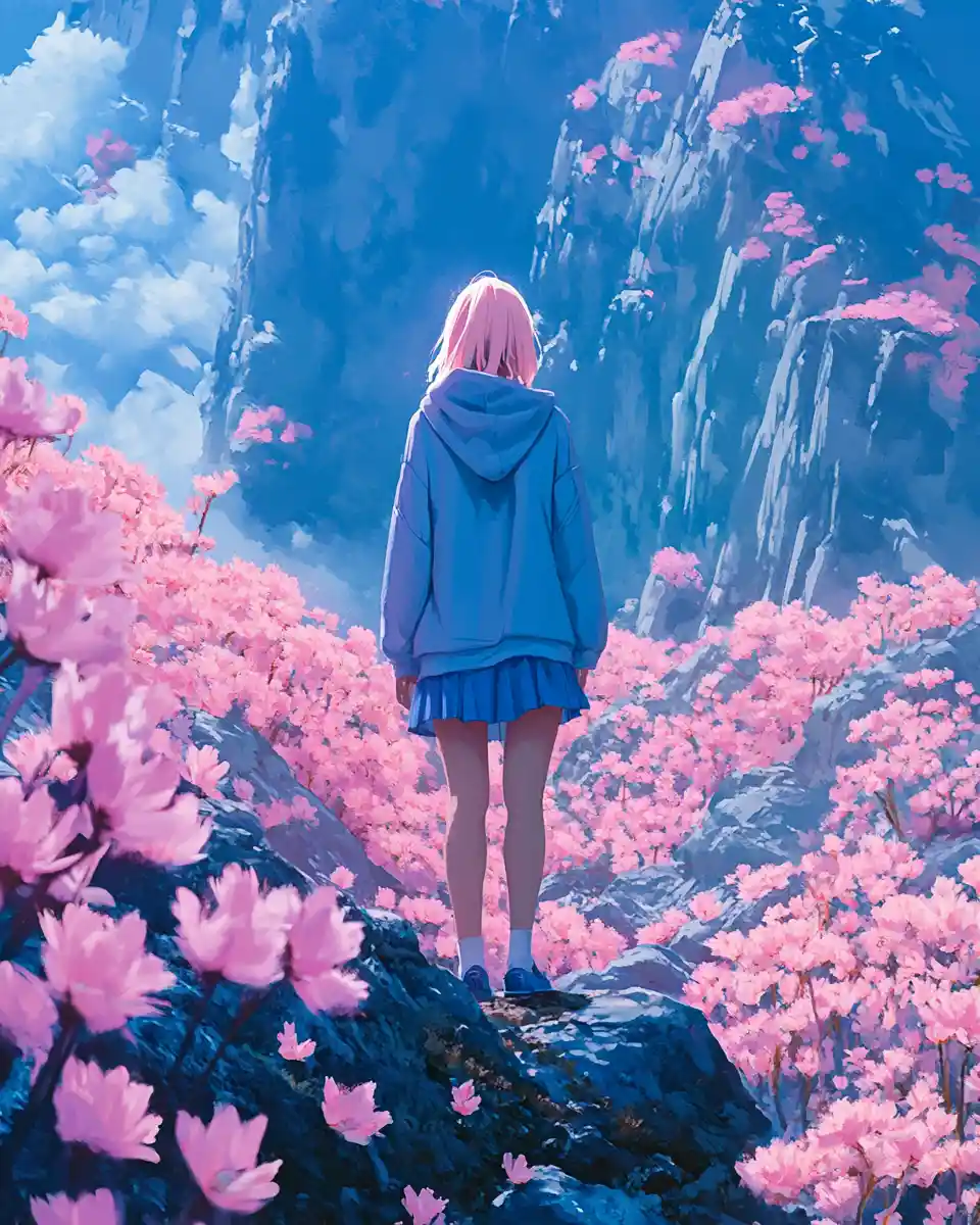 Anime woman on mountain surrounded by pink flowers