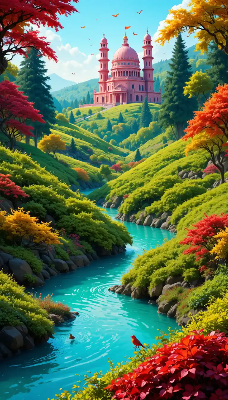 Bunte Flusslandschaft mit winzigen roten Vögeln und Kuppel