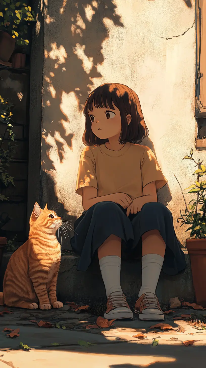 Anime girl sitting with cat in warm courtyard light