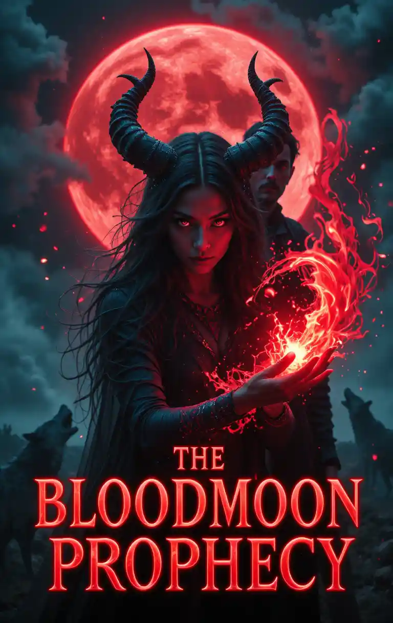 Horned dark sorceress channeling red magic under a blood moon