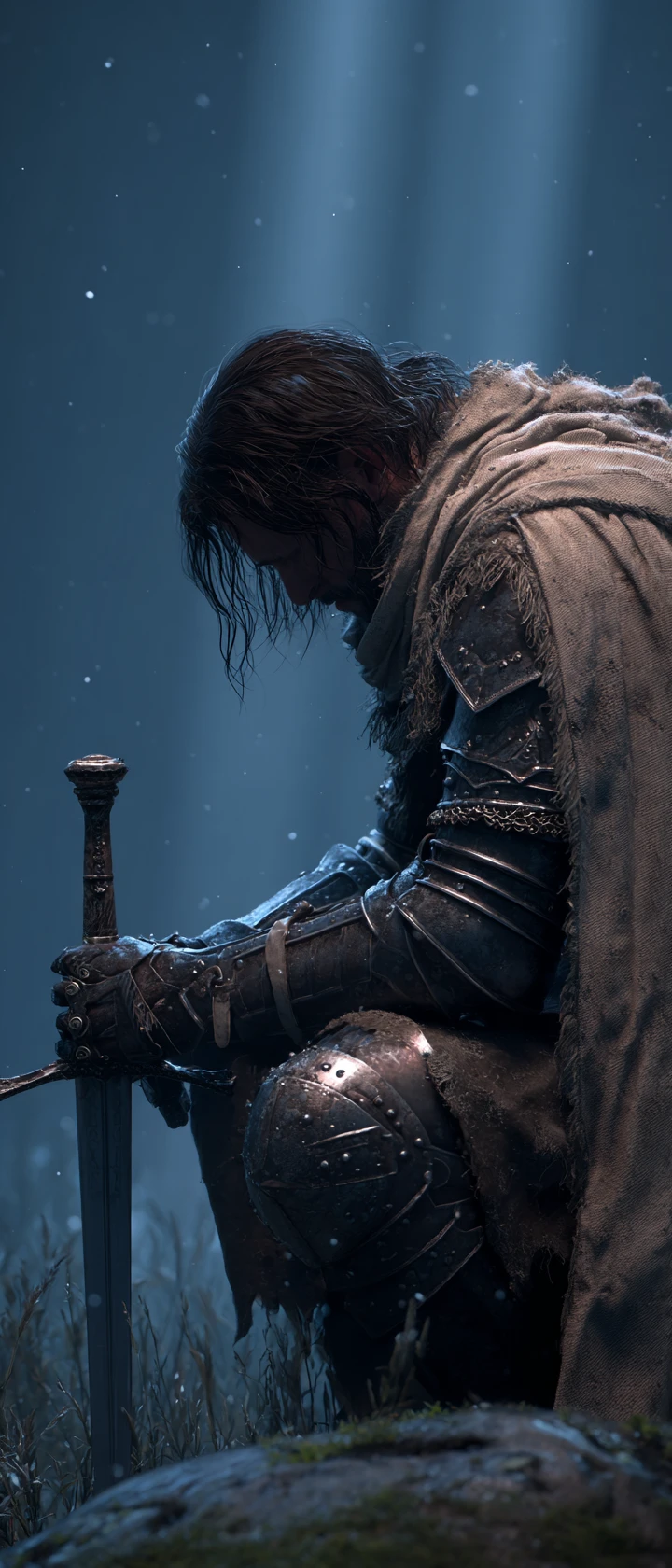 Weary medieval warrior resting in a misty battlefield