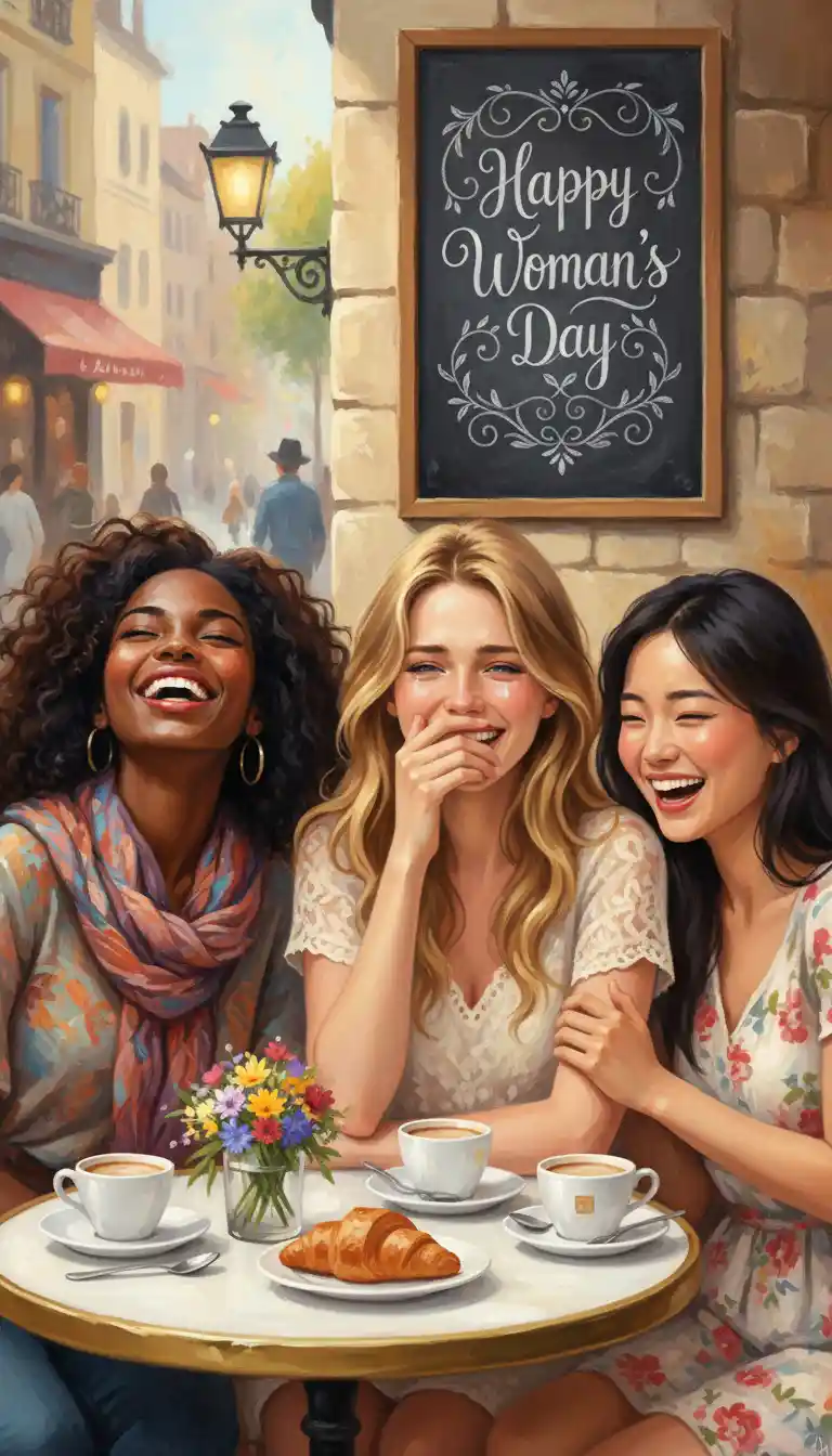 Tre donne diverse che ridono insieme in un caffè di Parigi