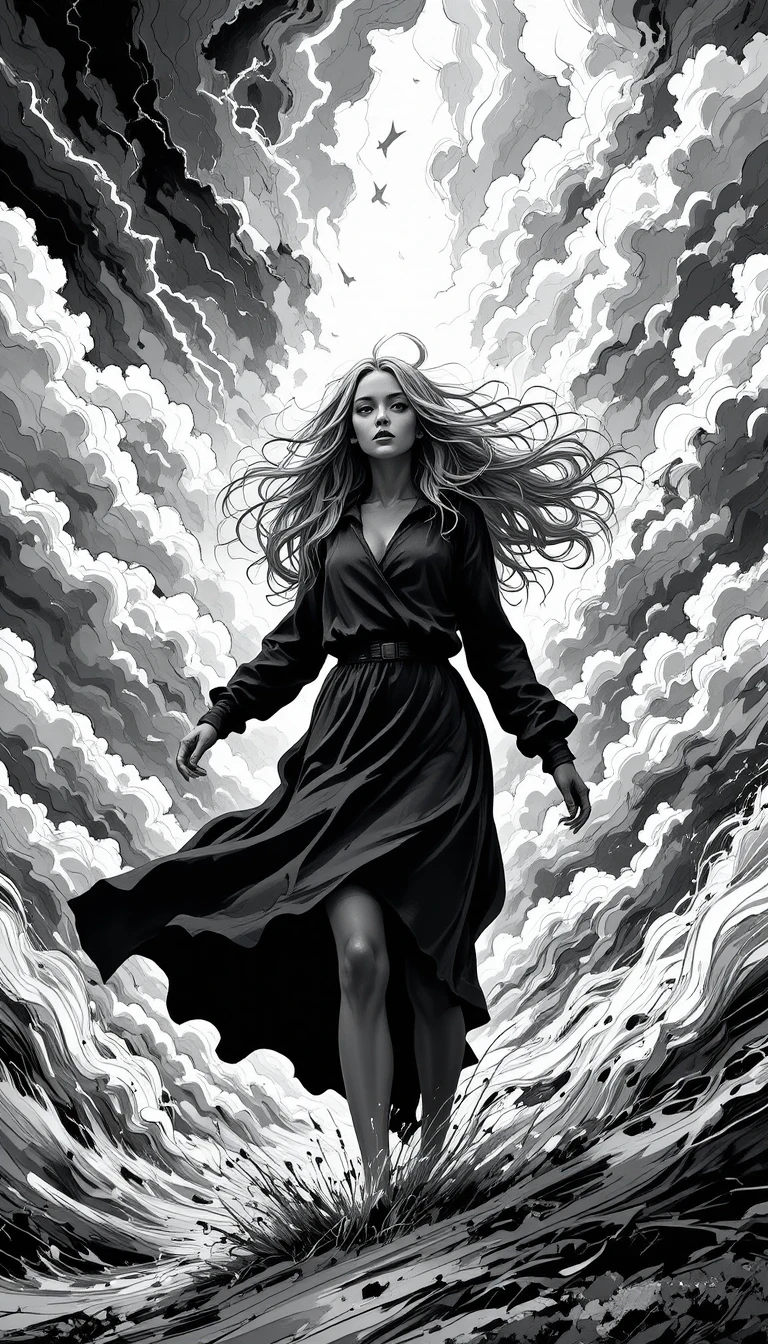 Girl with flowing hair in a storm of wind and lightning