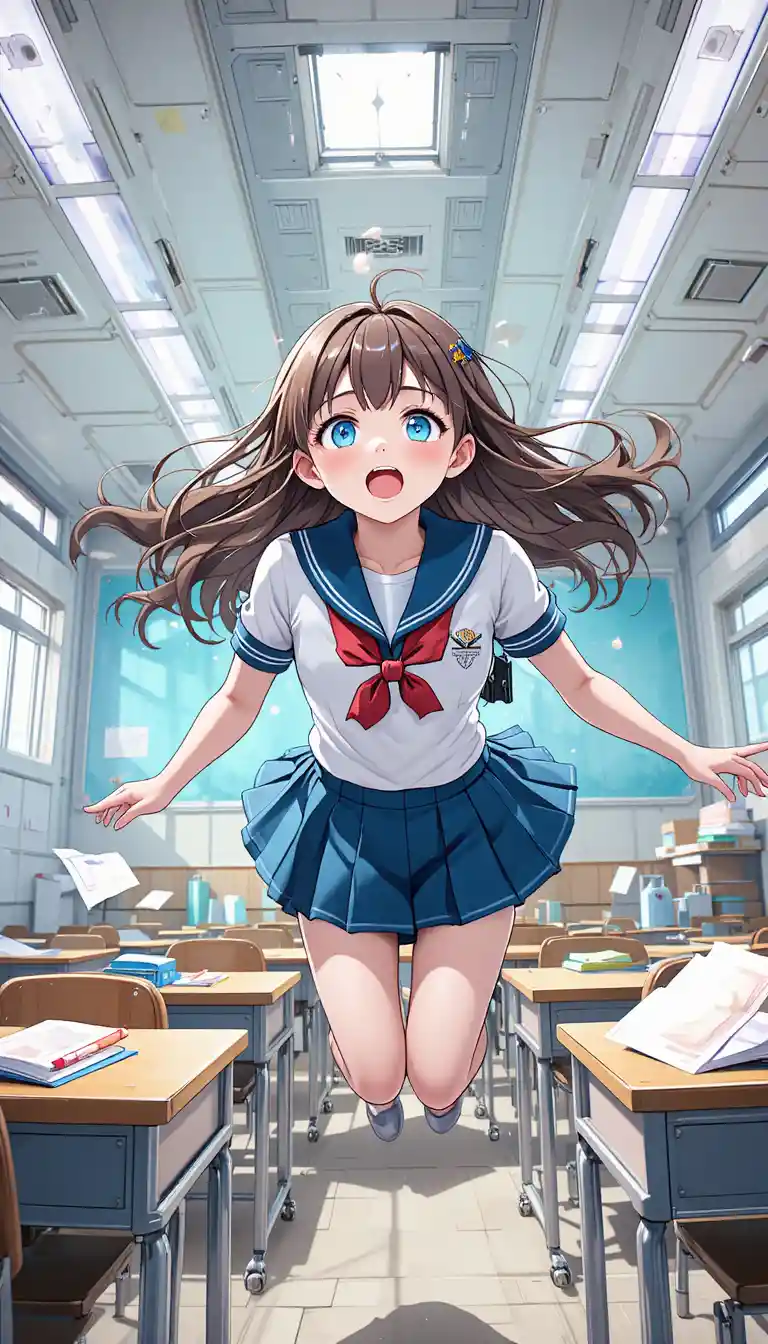 Chica escolar de anime flotando en un colorido salón de clases sin gravedad