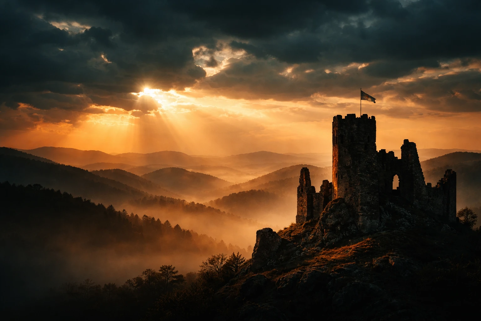 Silueta de Castillo en Ruinas contra Colinas Iluminadas por el Atardecer