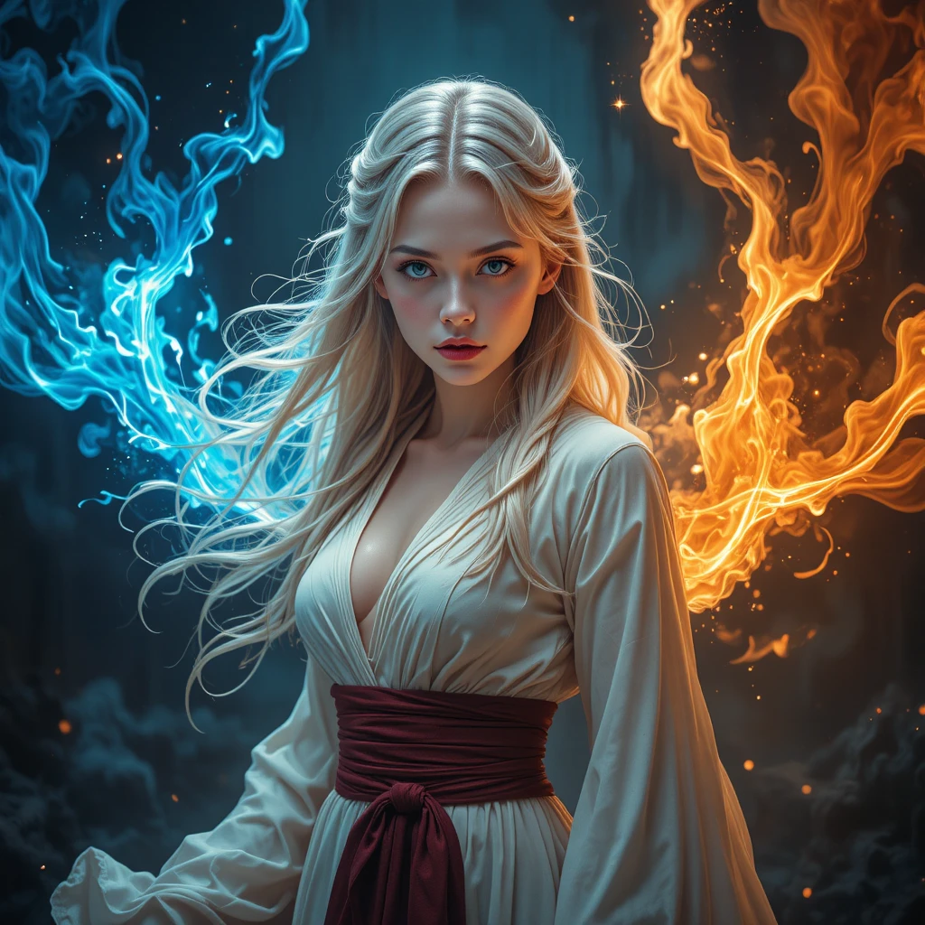 Young sorceress with dual elemental flames in darkness
