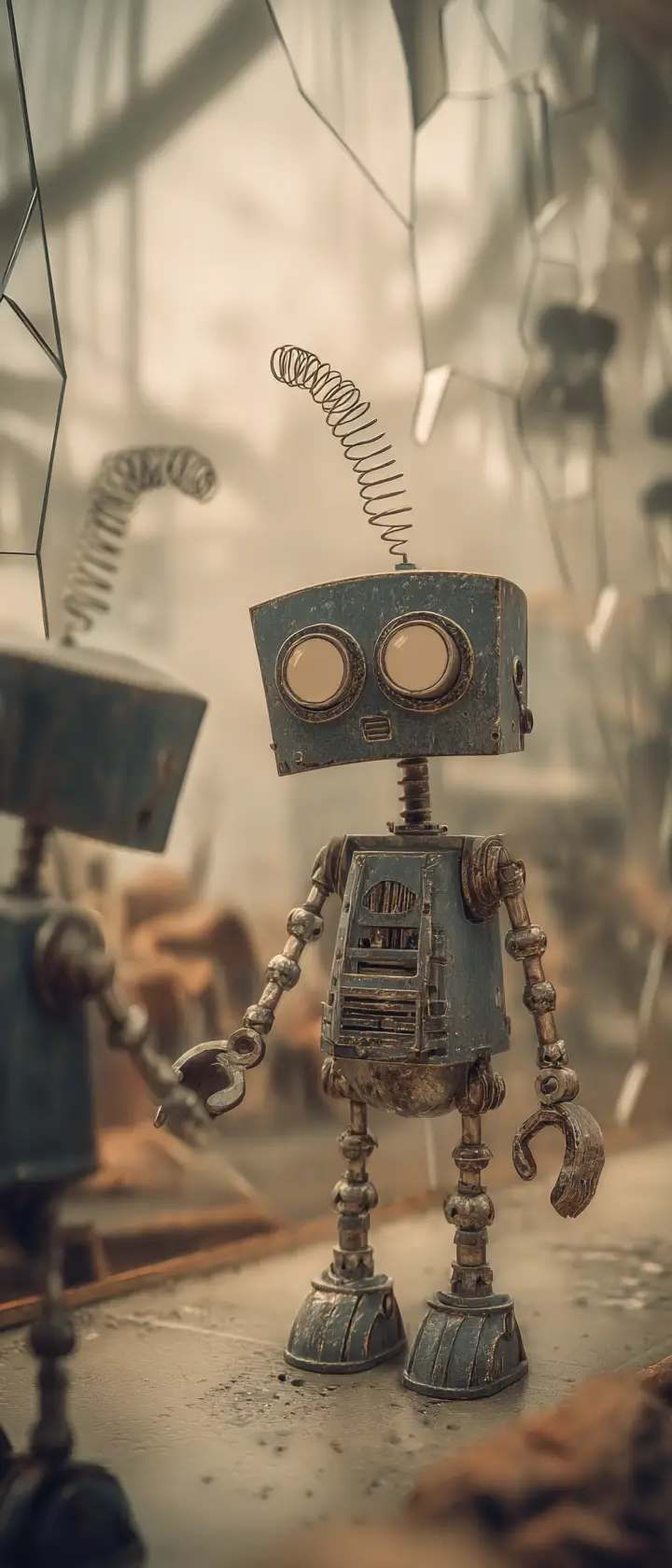 Retro robot facing its heroic reflection in a lab
