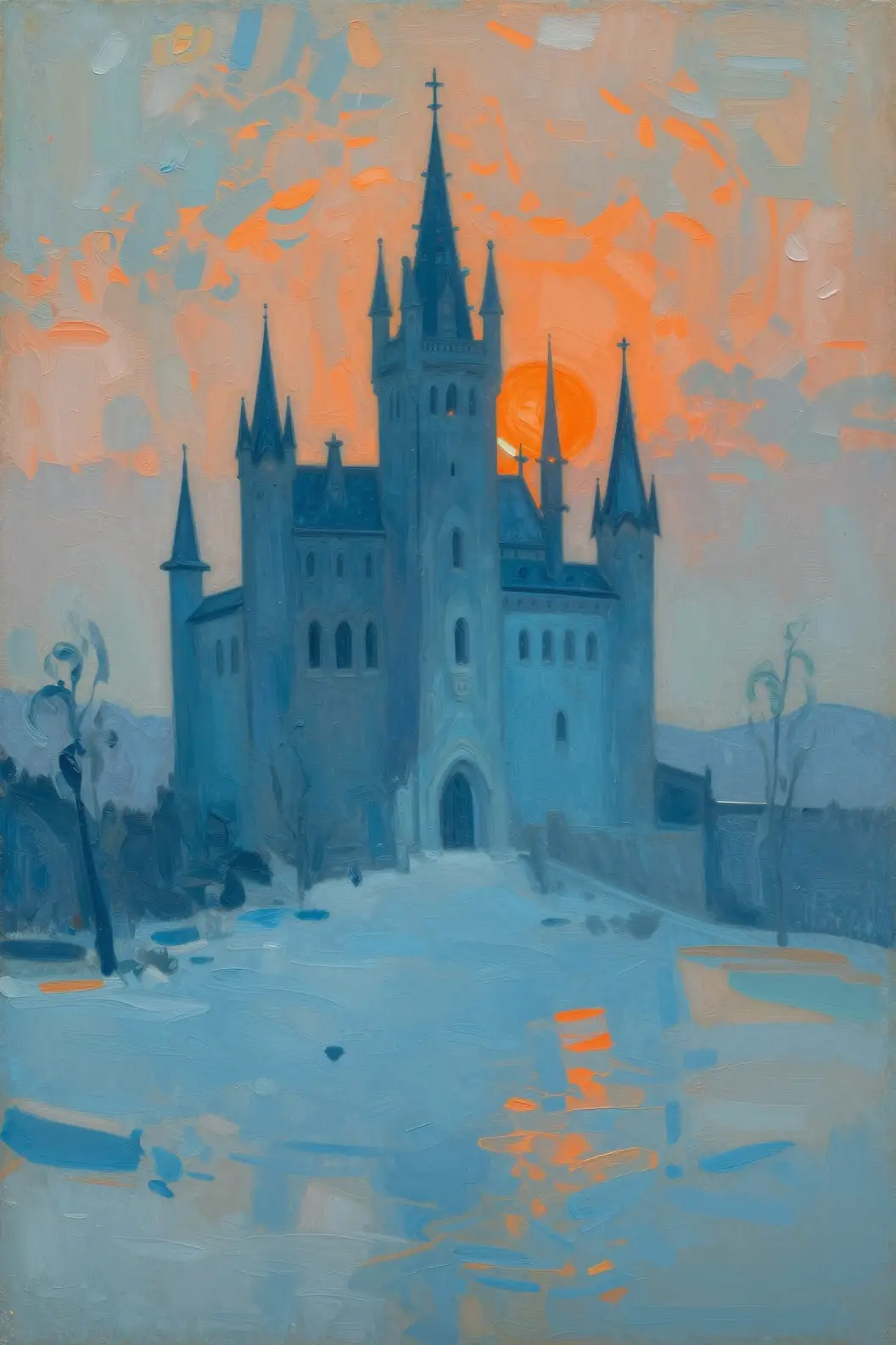Gothic vampire castle in a serene snowy landscape