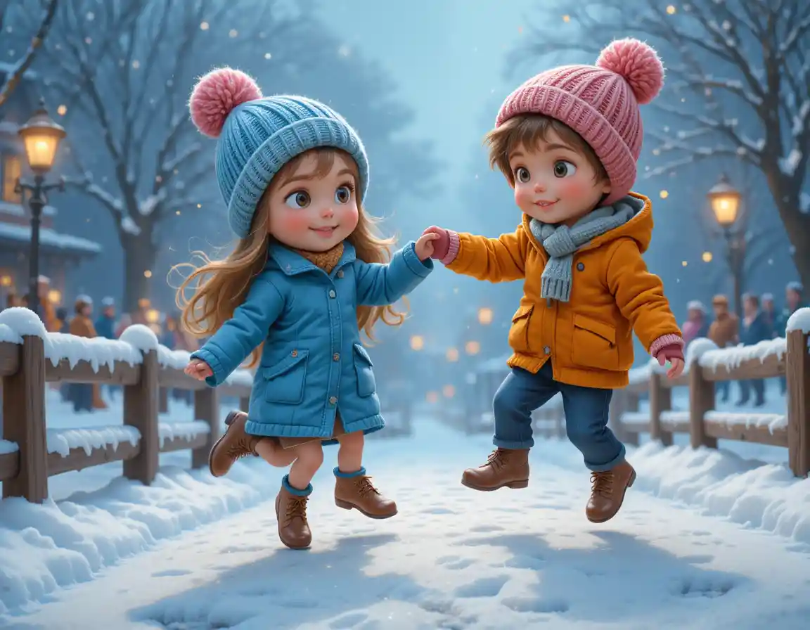 Joyful children jumping on a snowy winter bridge