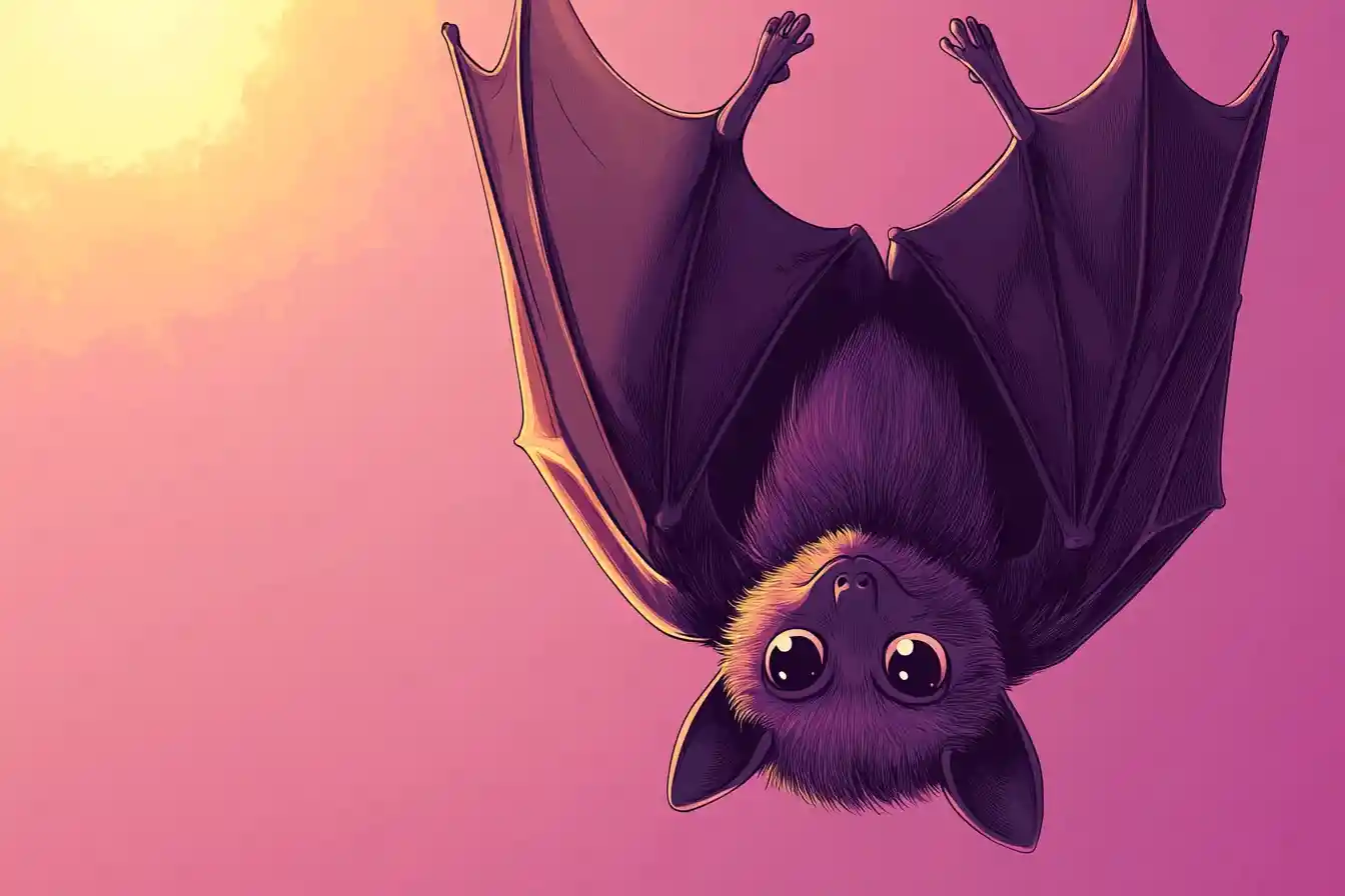 Chauve-souris cartoon suspendue la tête en bas avec des ailes en manteau