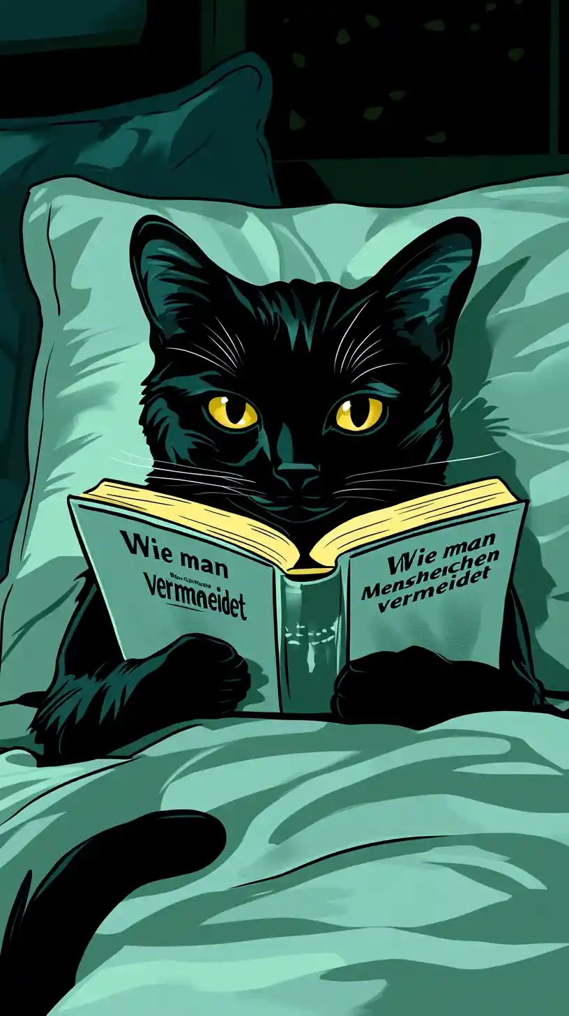 Gatto nero che legge a letto sotto una coperta a righe