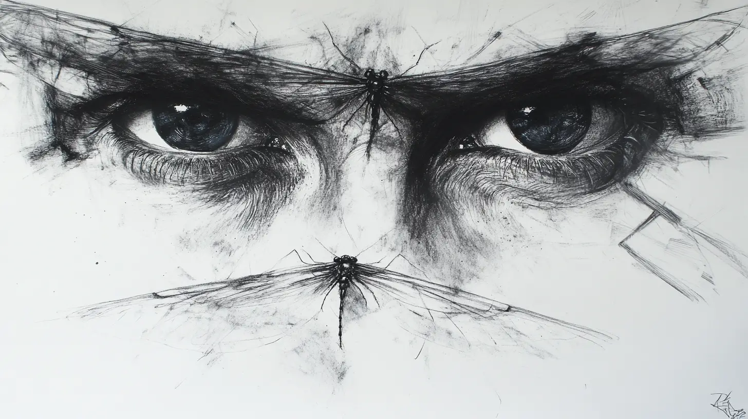 Surreal close up portrait with dragonfly like faceted eyes