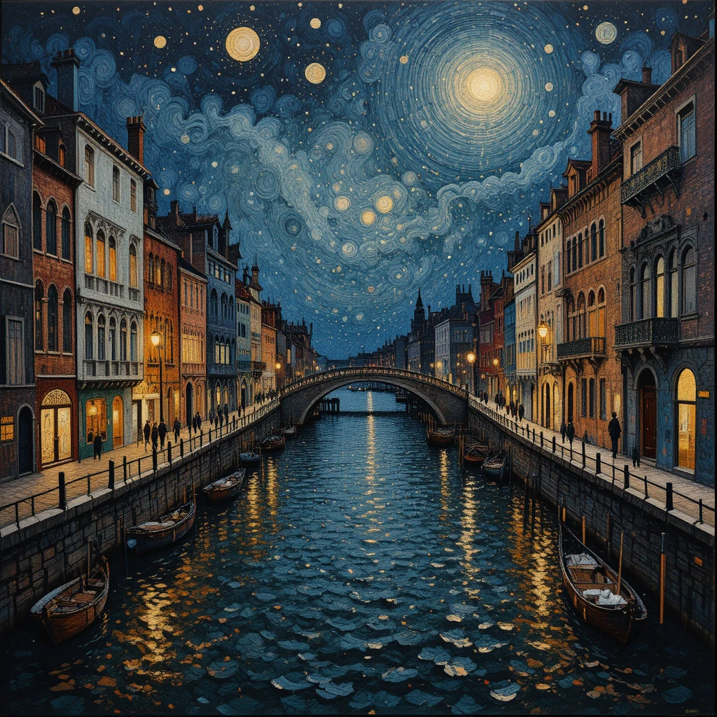 Vista nocturna puntillista del paisaje urbano costero de Venecia