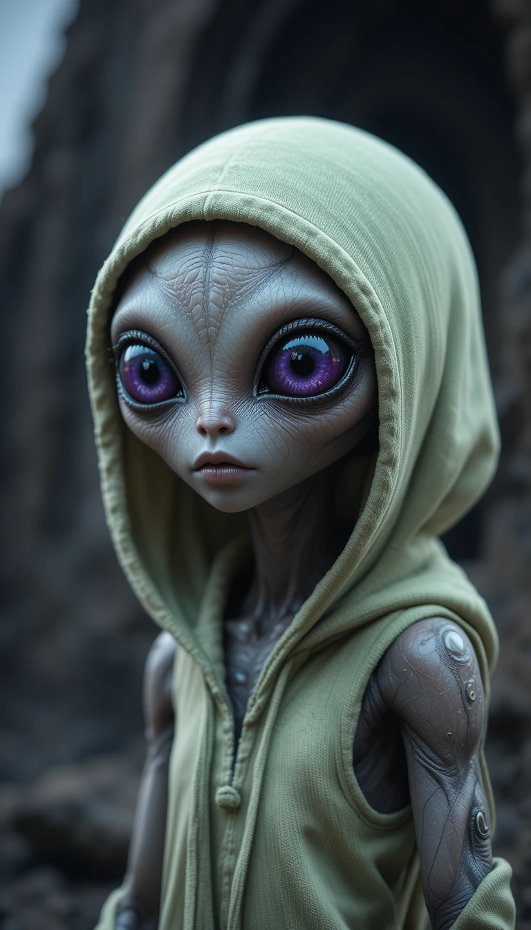 Slim cgi alien in hoodie with glowing eyes