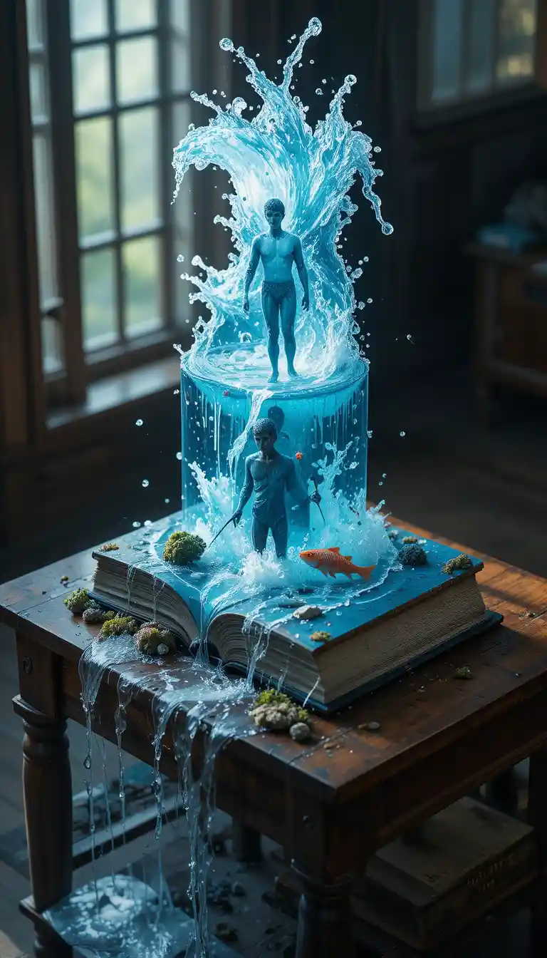Libro 5D isometrico su un tavolo con acqua a cascata