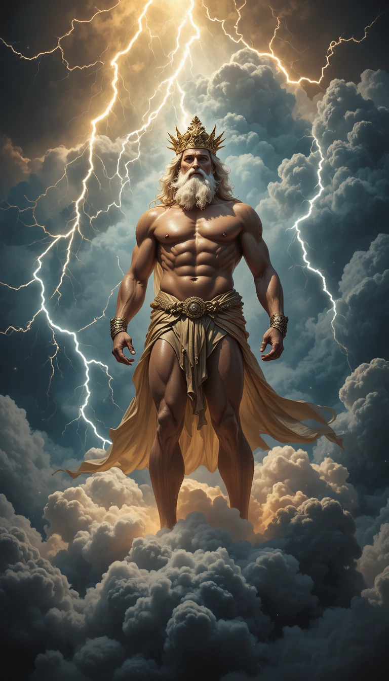 Majestic thunder god Zeus standing on stormy glowing clouds