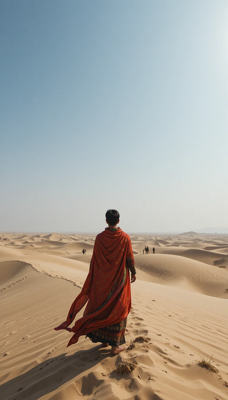 Mono sentado sobre dunas brillantes del desierto al atardecer