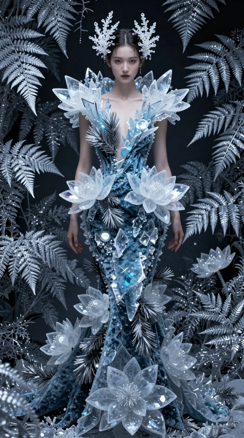 Icy couture portrait of woman in crystalline sculptural gown
