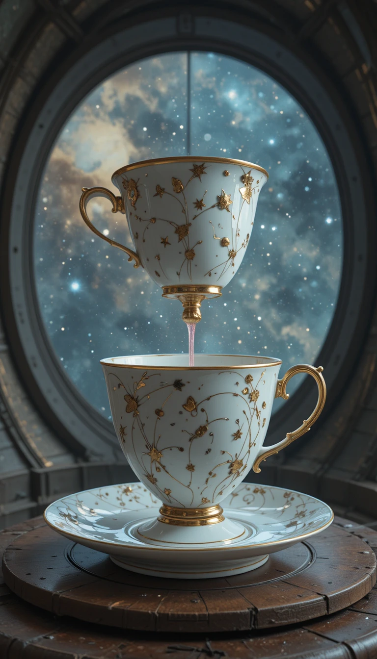 Surreal spinning teacup against a distant cosmic nebula