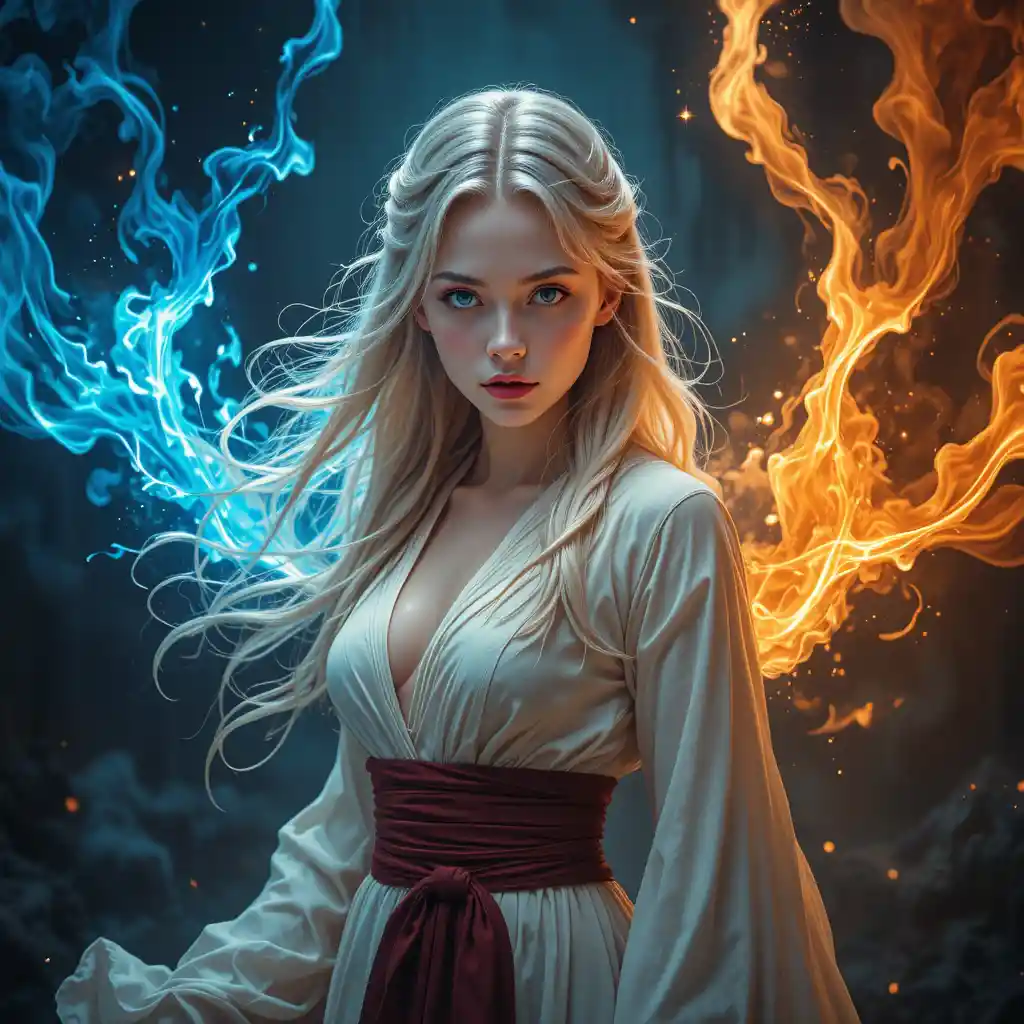 Young sorceress with dual elemental flames in darkness