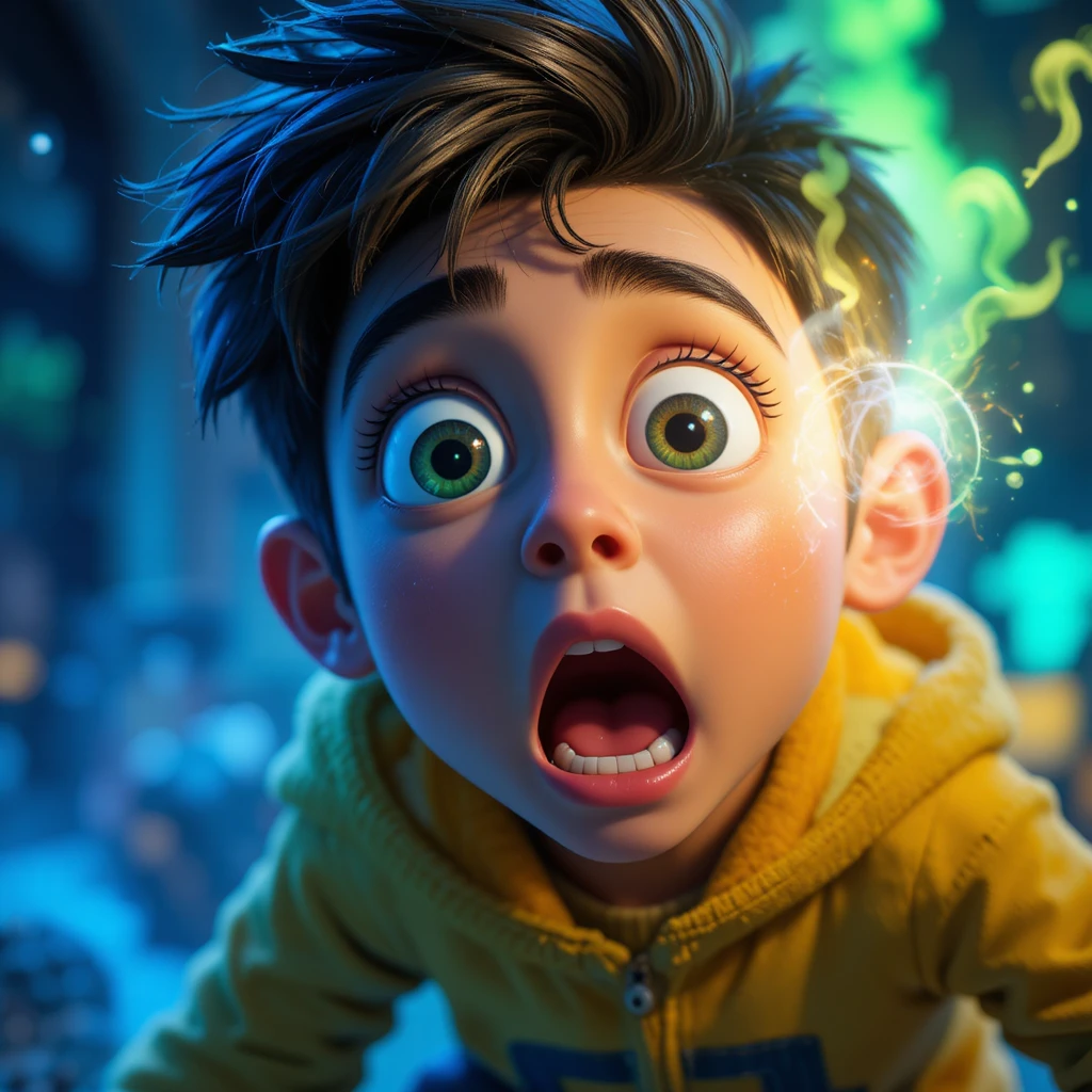 Shocked Indian boy and funny monkey in magical jungle