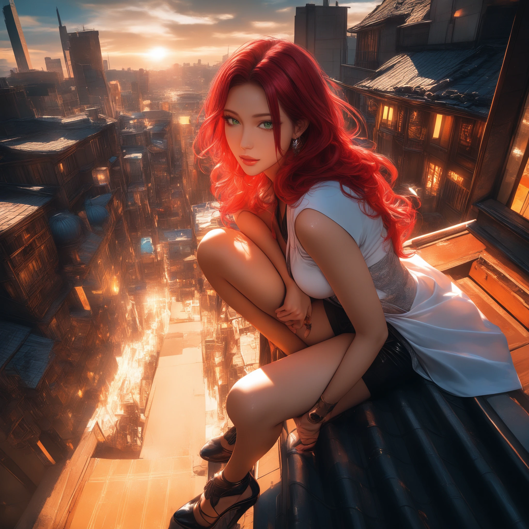 Red haired city woman sunbathing alone on a rooftop