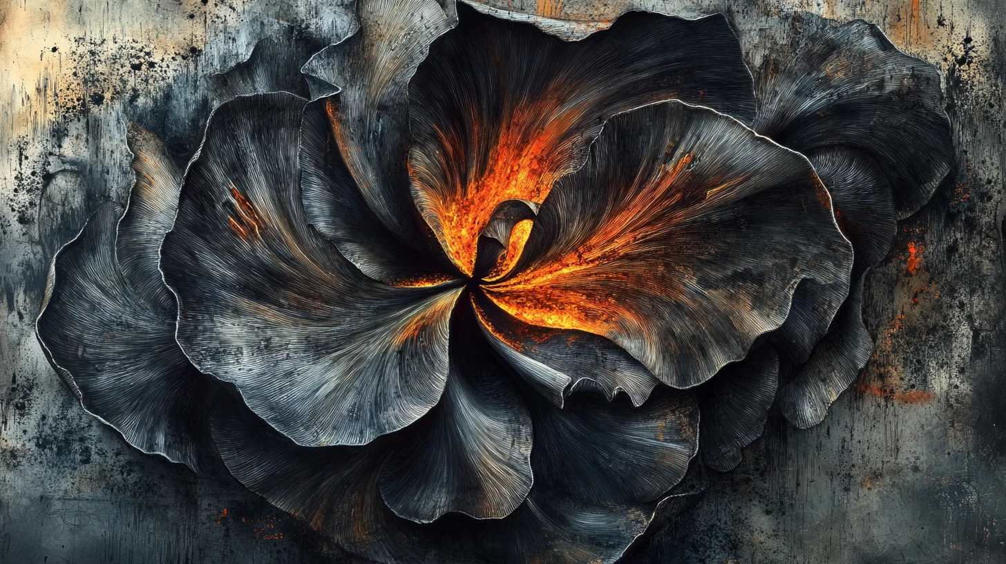 Abstract metallic iris flower unfolding in bold charcoal drawing