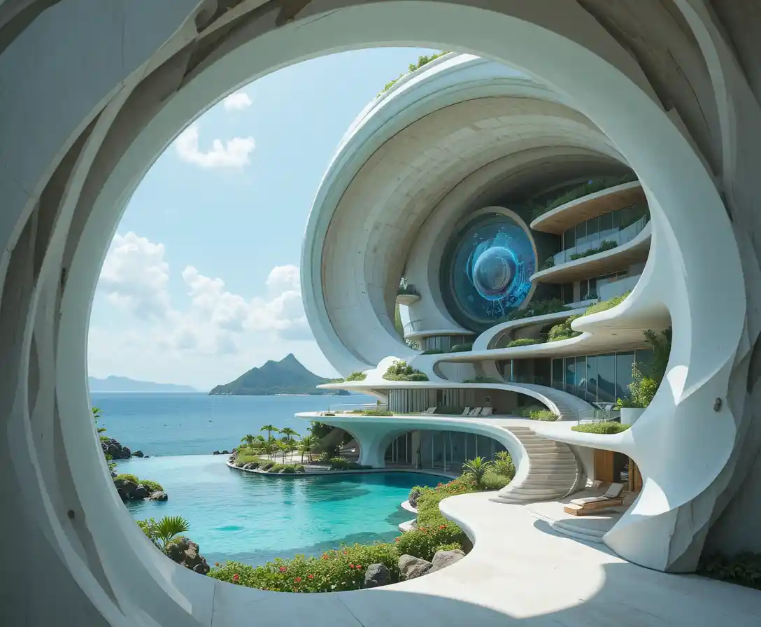 Concetto Futuristico di Nautilus Eco Resort nelle Acque Costiere Tropicali