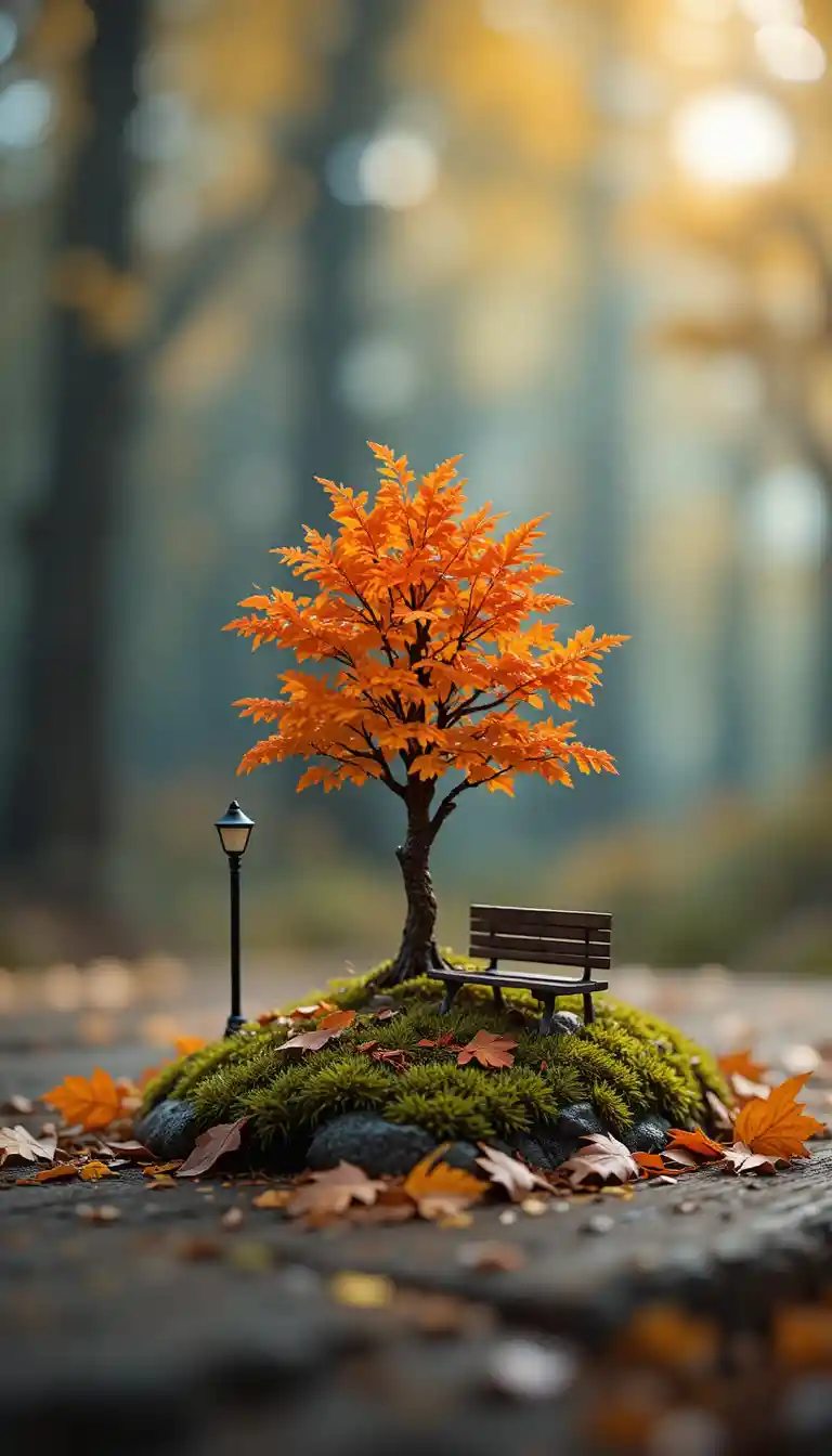 Miniatur-Orangenbaum auf Holzoberfläche mit Herbstblättern