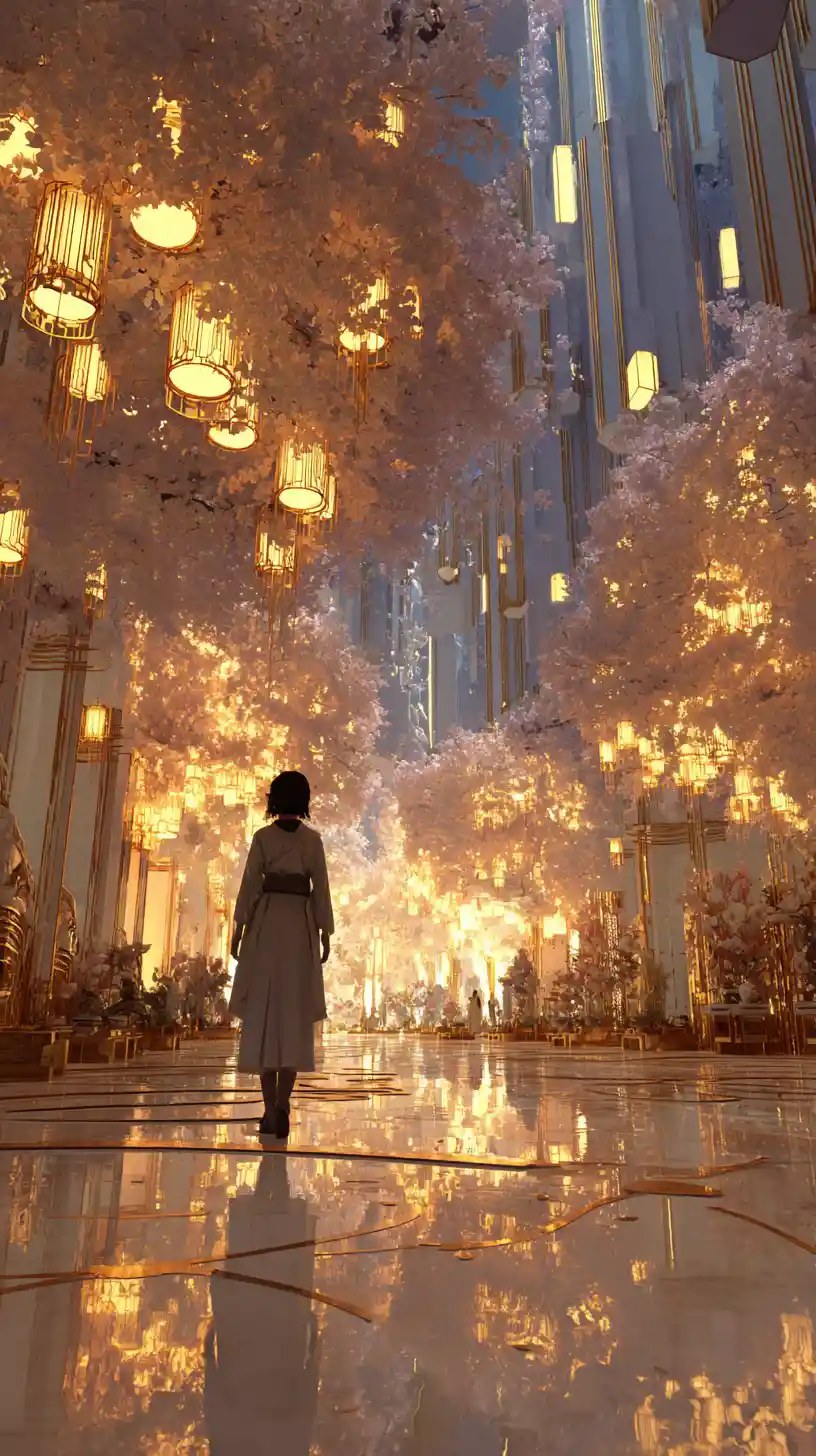 Cinematic woman walking through dreamy Japanese fantasy city