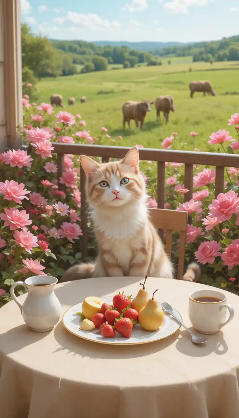 Colazione buffa di un gatto su un soleggiato balcone fiorito