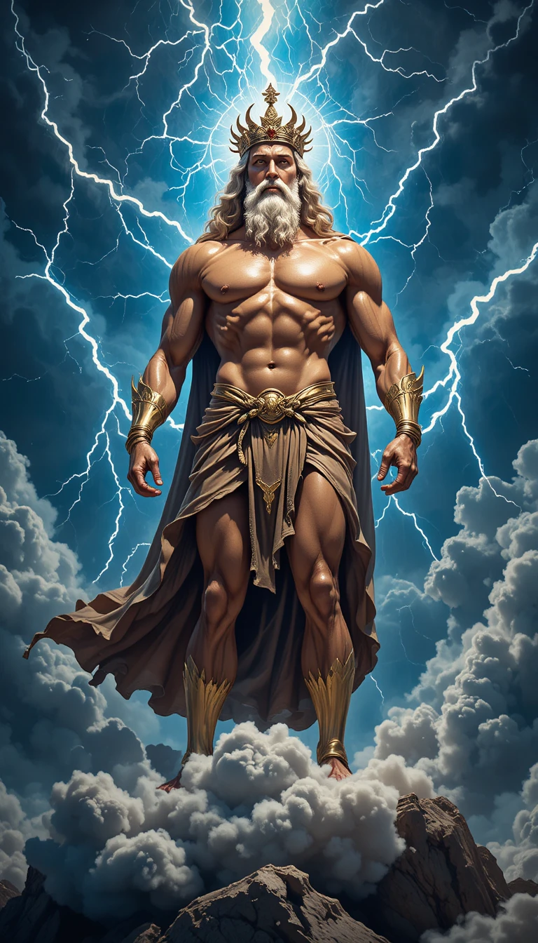 Majestic thunder god standing on stormy glowing clouds