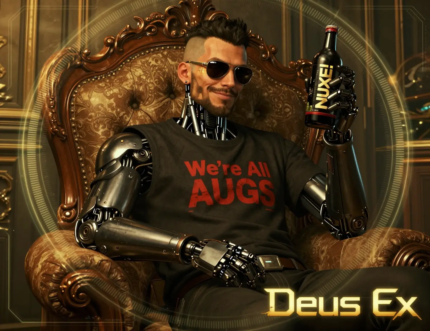 Augmented detective relaxing with drink in cyberpunk bedroom