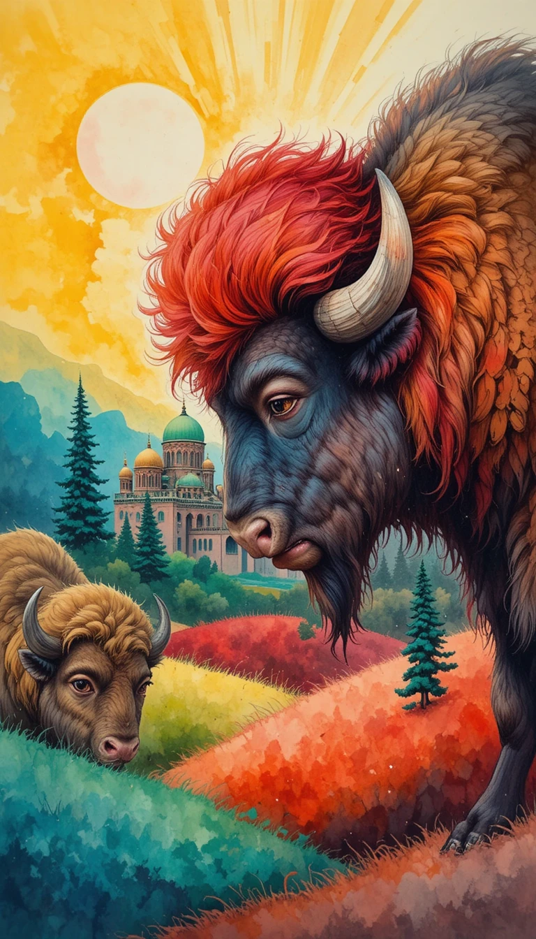 Bisonti ad acquerello che condividono un dolce tocco di nasi