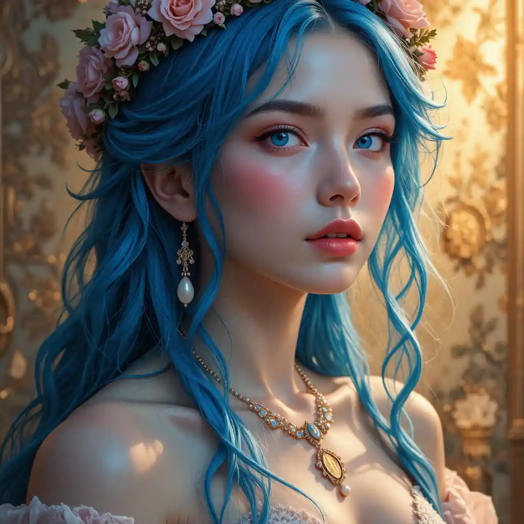 Blue haired girl with rose crown in warm golden light
