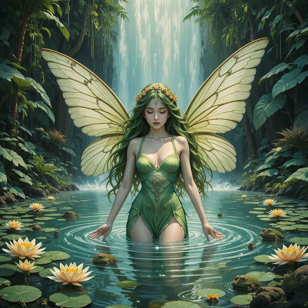 Ninfa acuática de cabello verde bañándose bajo cascada en el bosque