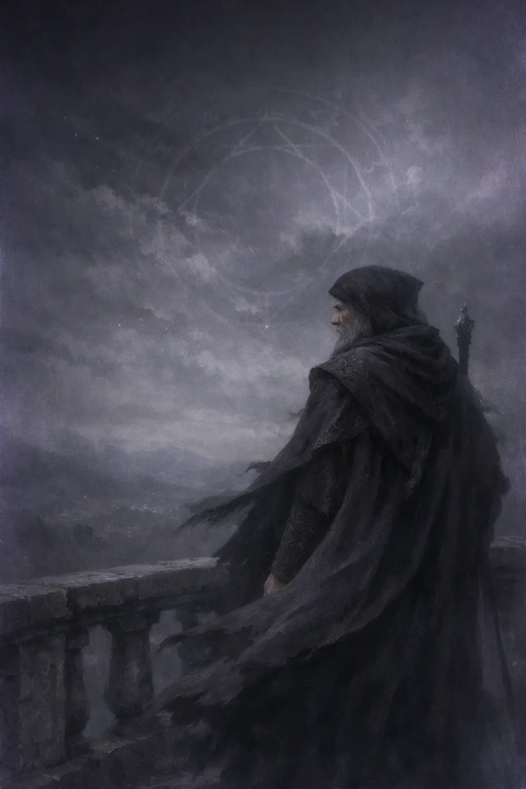 Arcimago medievale su un balcone sotto un cielo notturno frantumato