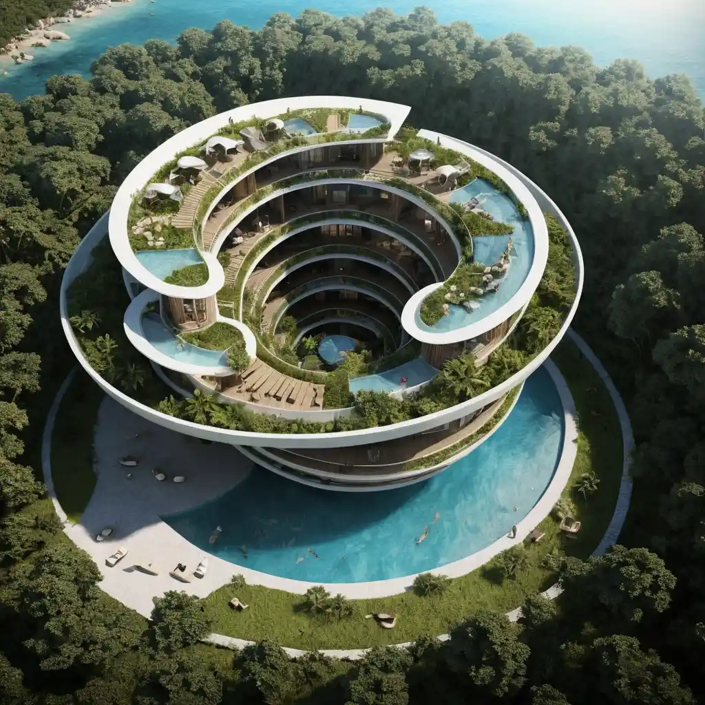 Futuristic nautilus eco resort rising over turquoise coastal waters