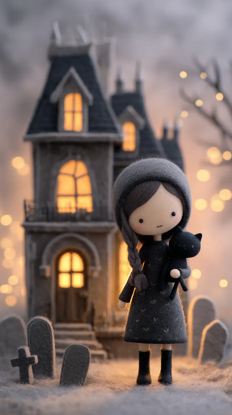 Cute felt haunted mansion with gothic character and cat