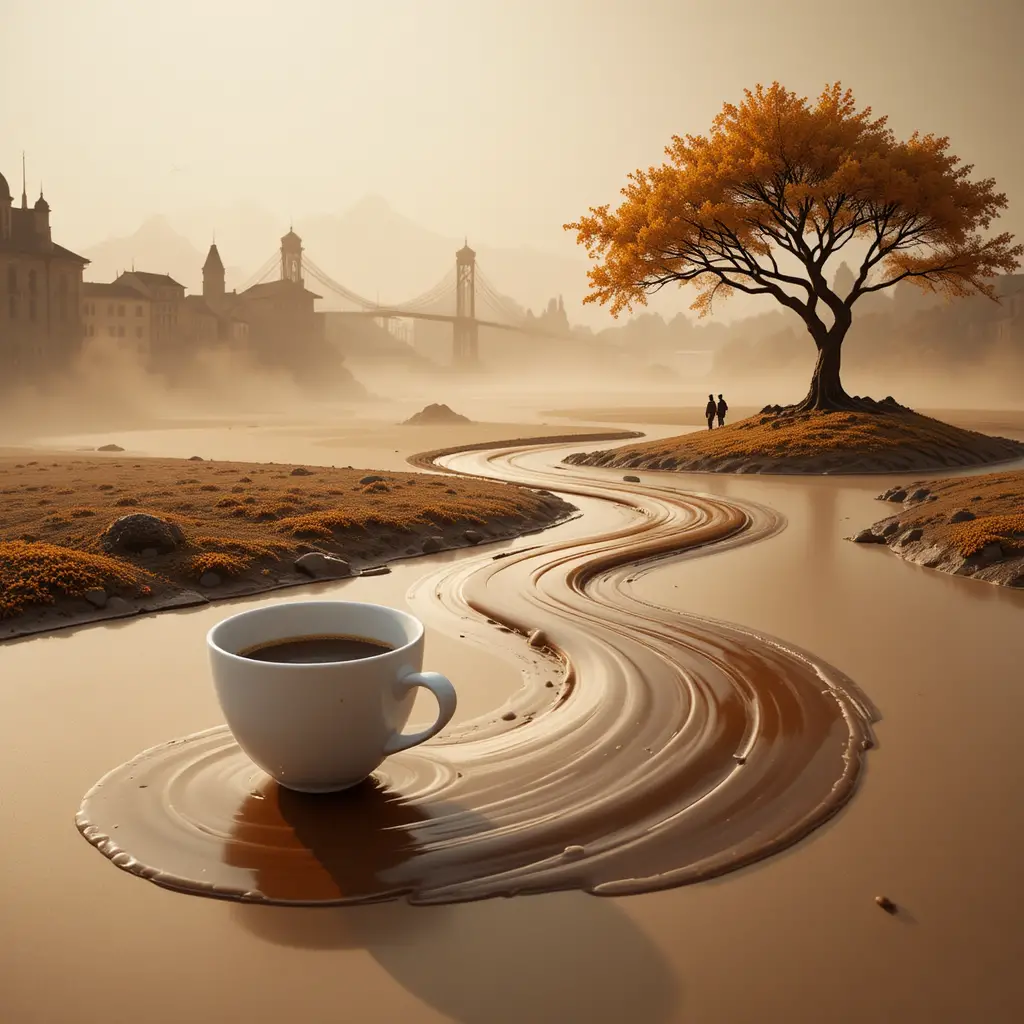 Coffee Cup Pouring Into A Surreal Espresso River Landscape