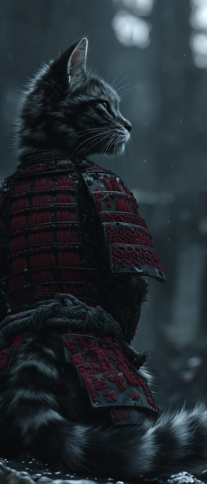 Samurai cat warrior in ruined winter city at night