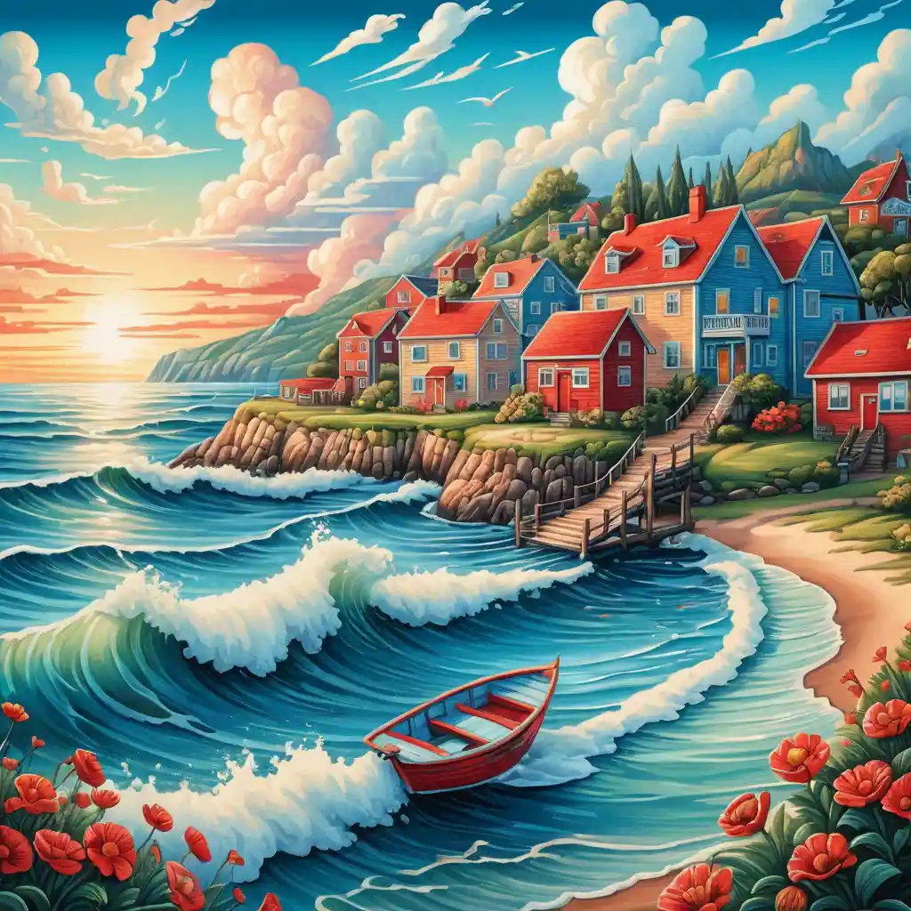 Bunte Küstenstadt mit Sonnenaufgang und kleinem roten Schiff