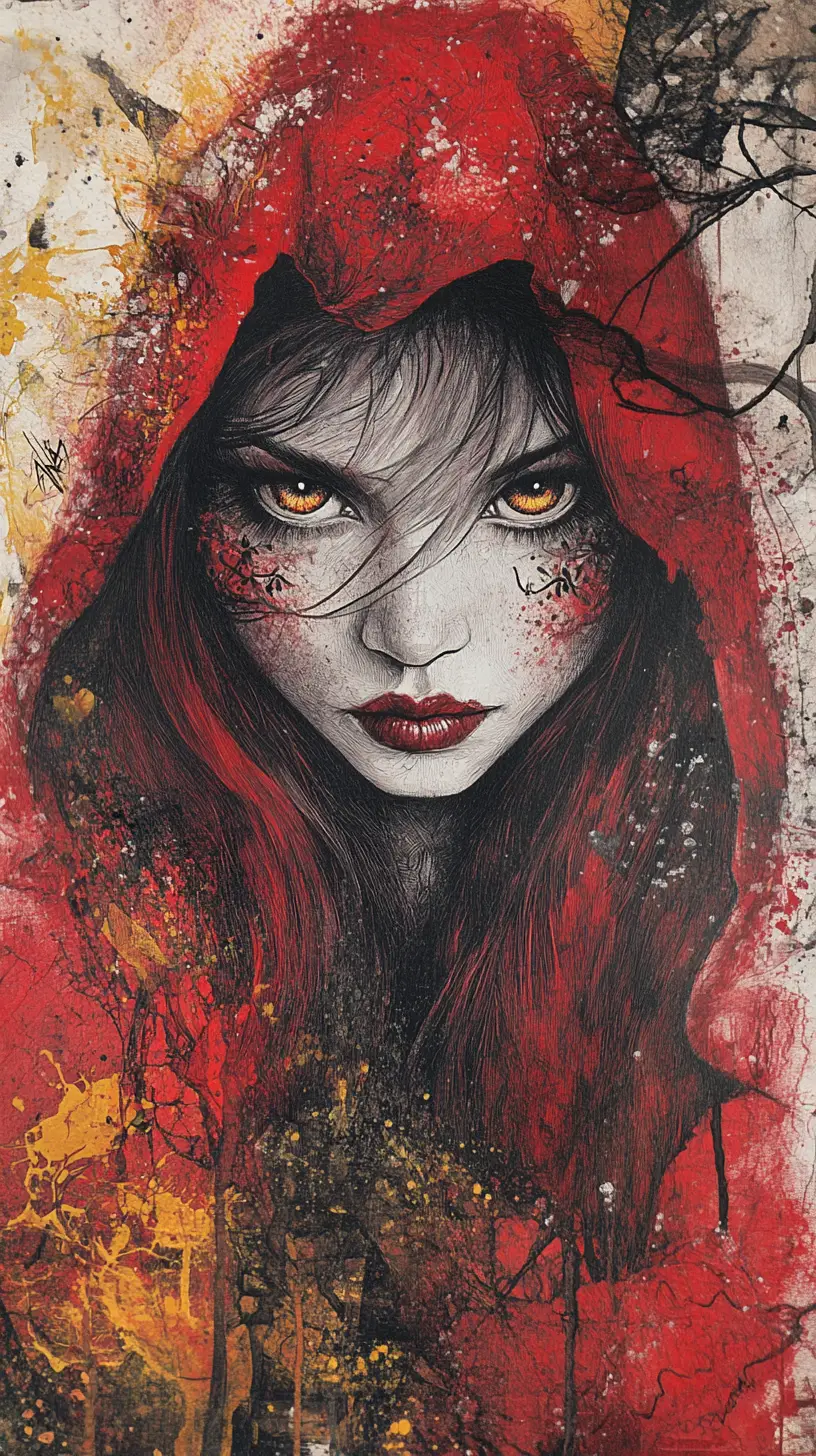 Caperucita Roja surreal con ojos hipnóticos en un mundo de ensueño