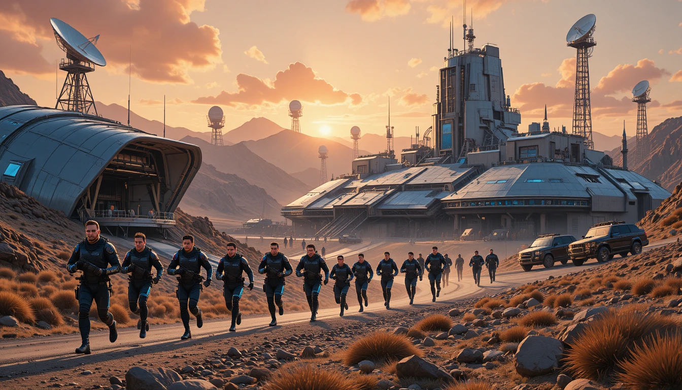 Futuristic mountain military base at dawn in tense activity